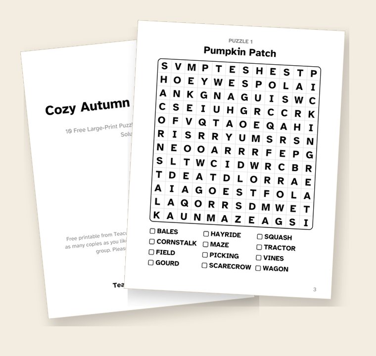 Pages from Cozy Autumn Word Search, a free printable pack