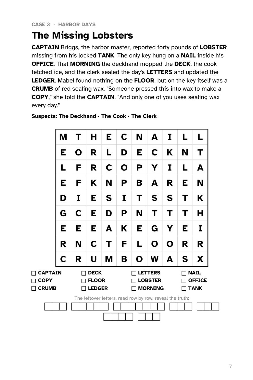 A case page: a short story with bold clue words, three suspects, the letter grid and answer boxes