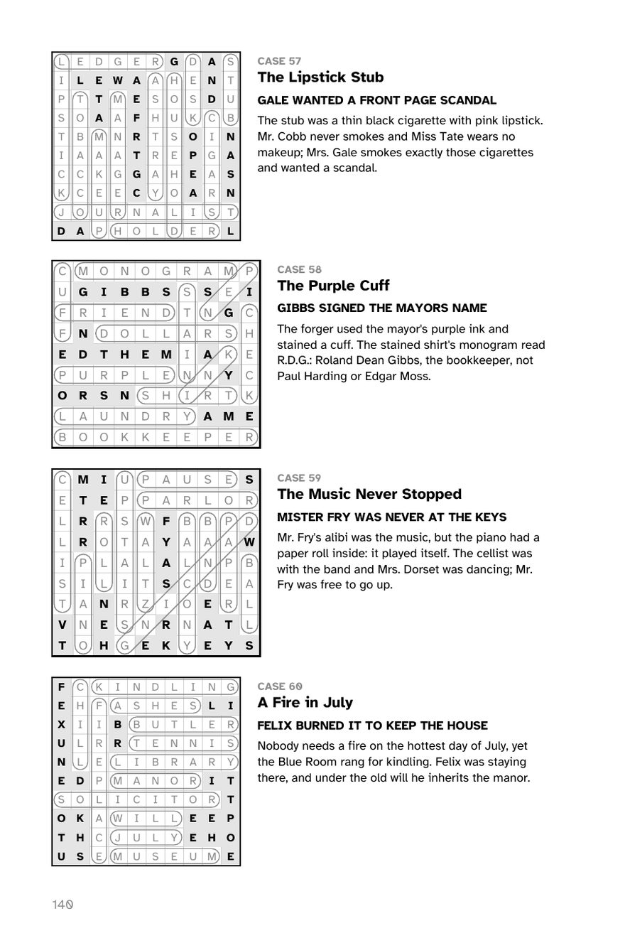 A solutions page: solved grids with the culprit and the telling clue explained