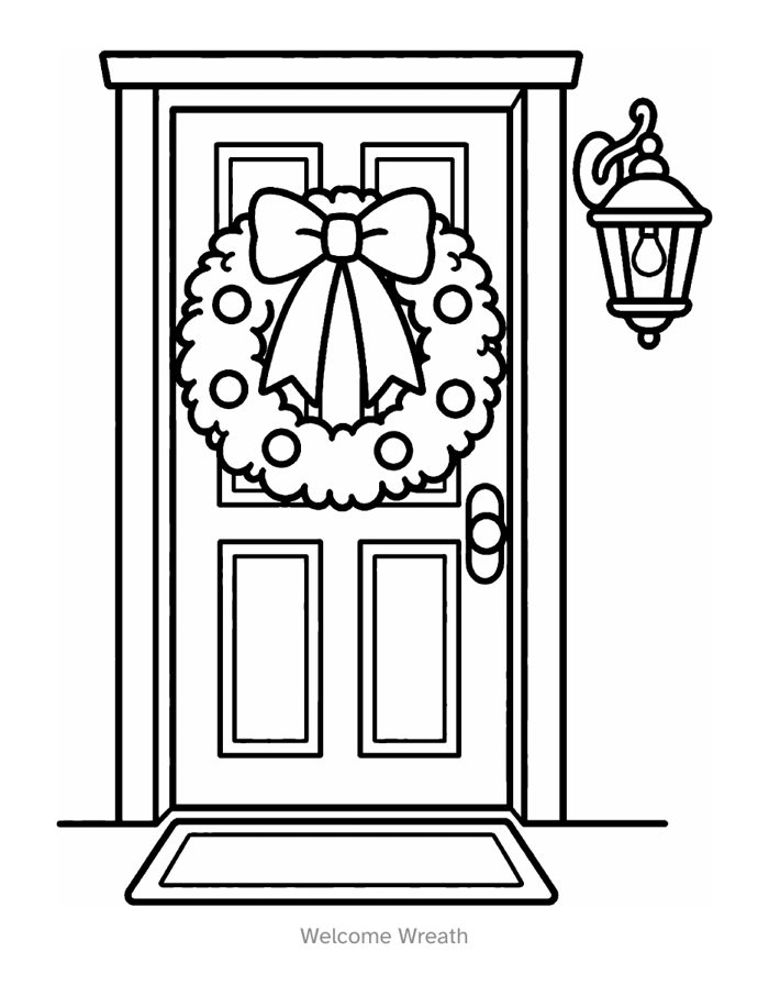 Welcome Wreath: a front door with a bow wreath, drawn in thick black outlines