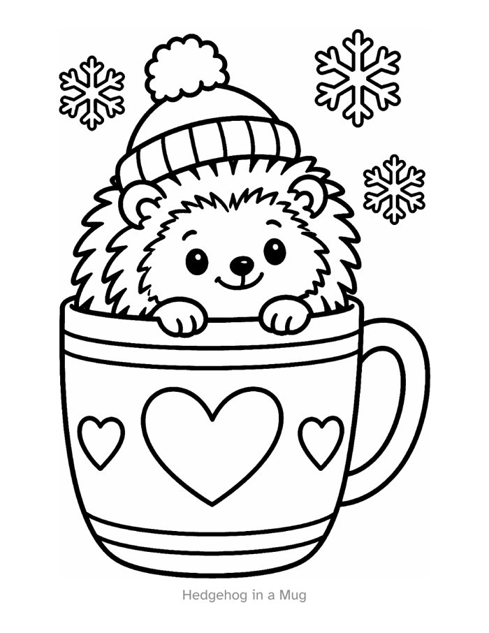 Hedgehog in a Mug: a smiling hedgehog in a woolly hat, peeking out of a mug