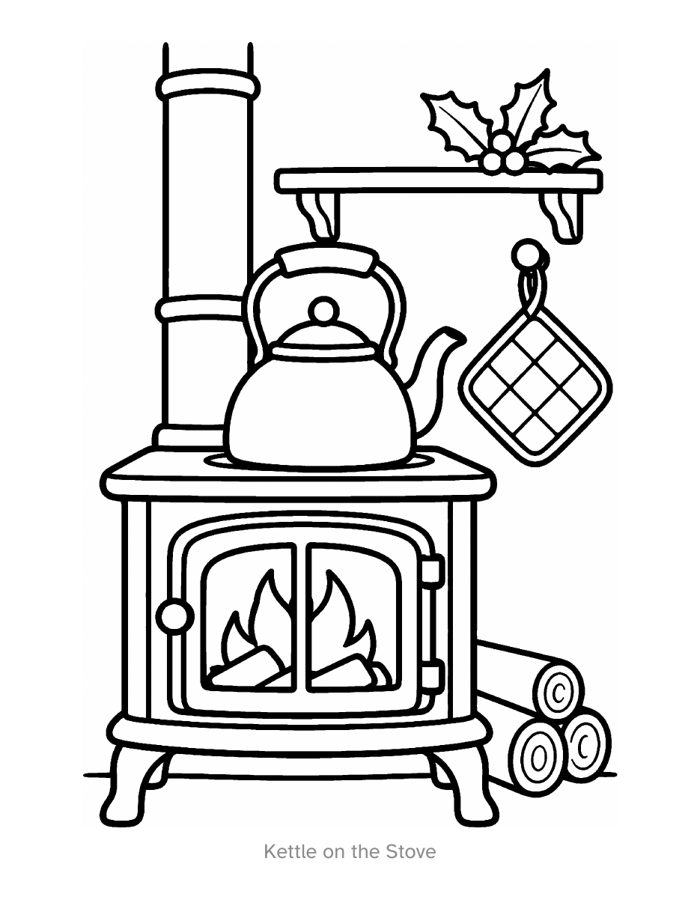 Kettle on the Stove: a wood stove, a kettle and a holly shelf