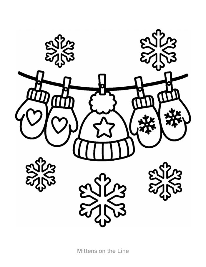 Mittens on the Line: knitted mittens and a hat drying among snowflakes