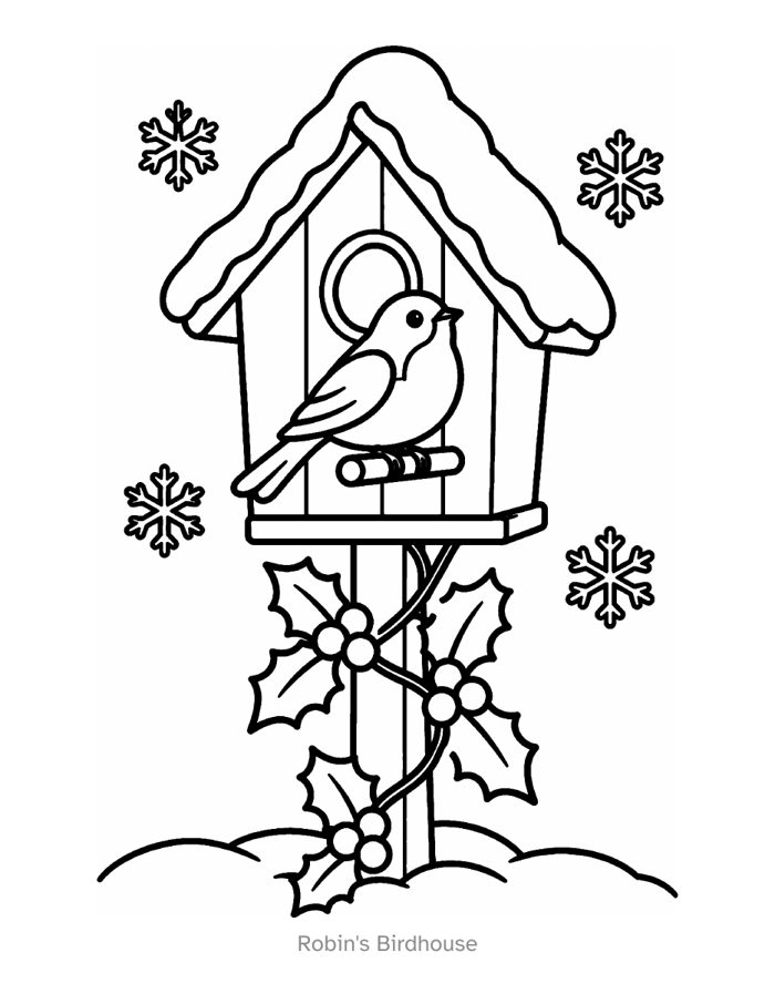 Robin's Birdhouse: a robin at a snowy birdhouse with holly