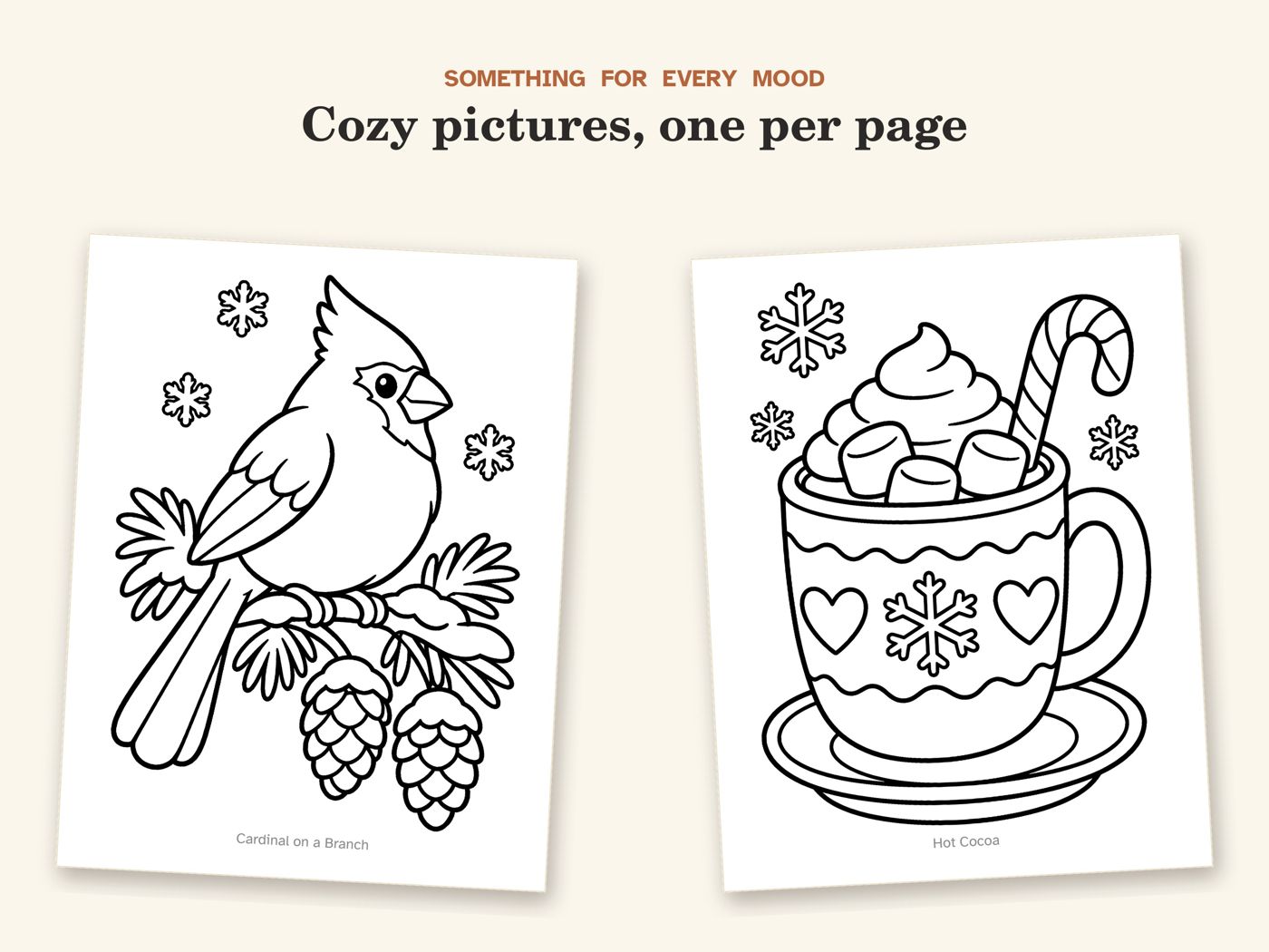 Show picture 5: More pictures: a snowman, a cardinal and hot cocoa