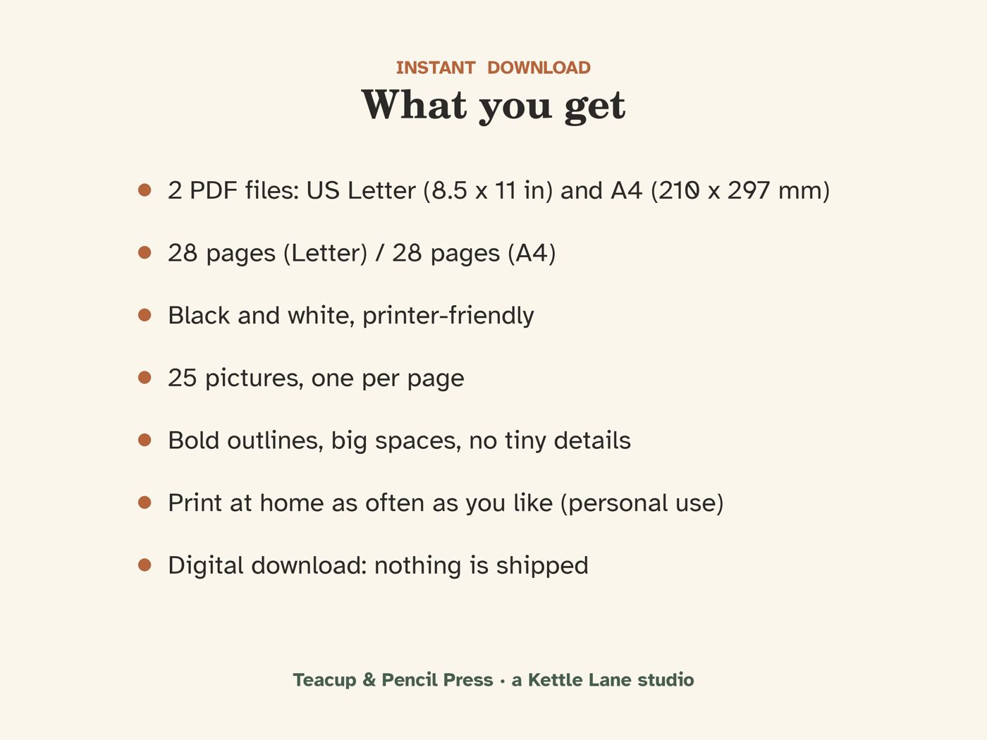 Show picture 6: What you get: two PDFs, US Letter and A4, 28 pages each