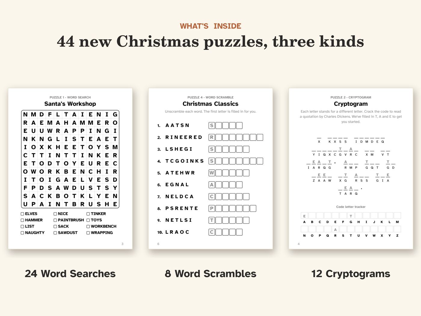 Show picture 2: Inside: 24 word searches, 8 word scrambles and 12 cryptograms
