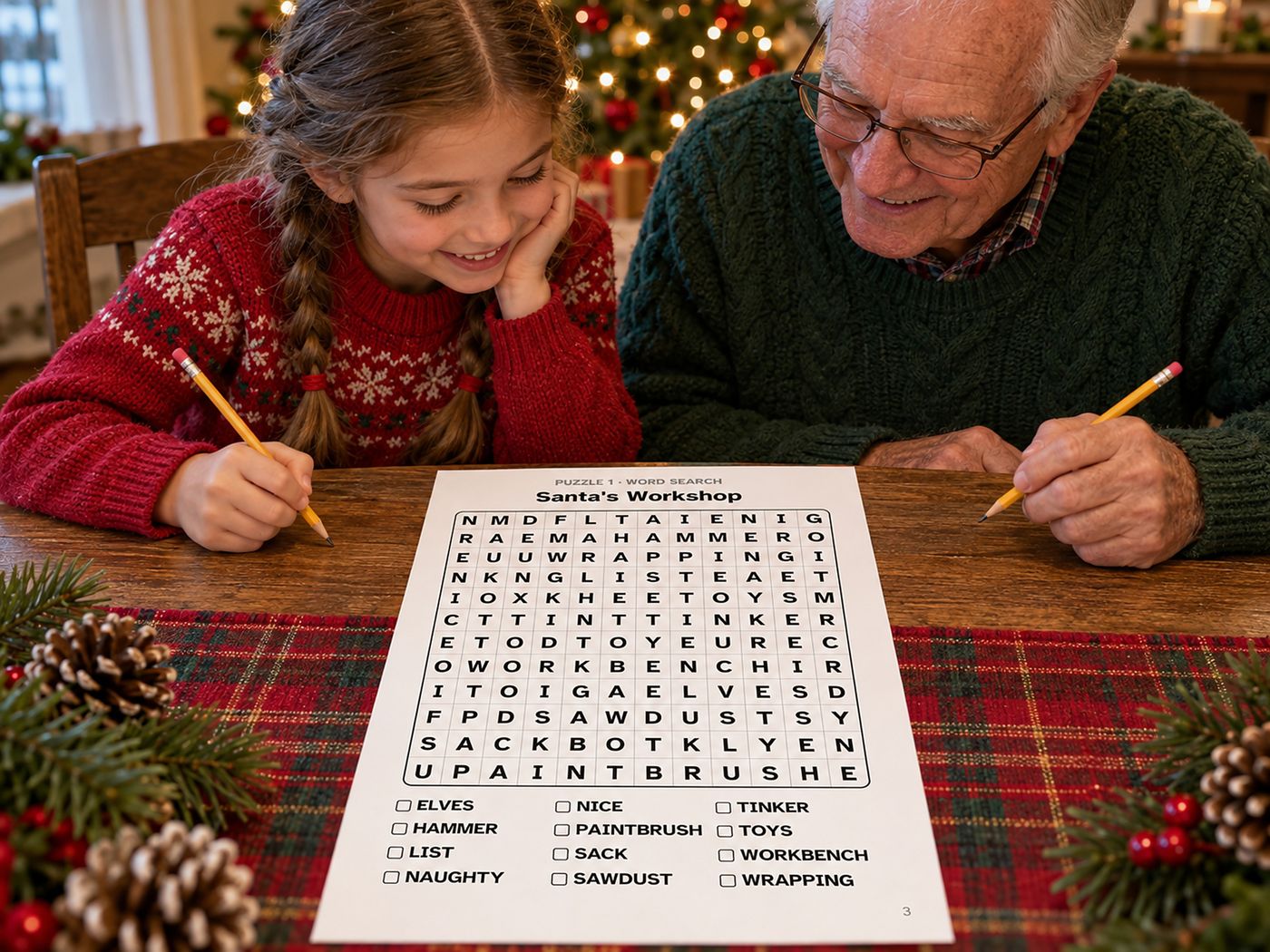 Show picture 3: A grandfather and granddaughter solving a Christmas word search together