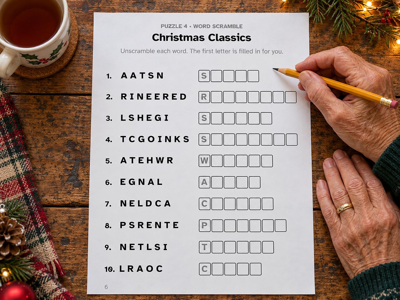 Show picture 5: A hand filling in a Christmas word scramble