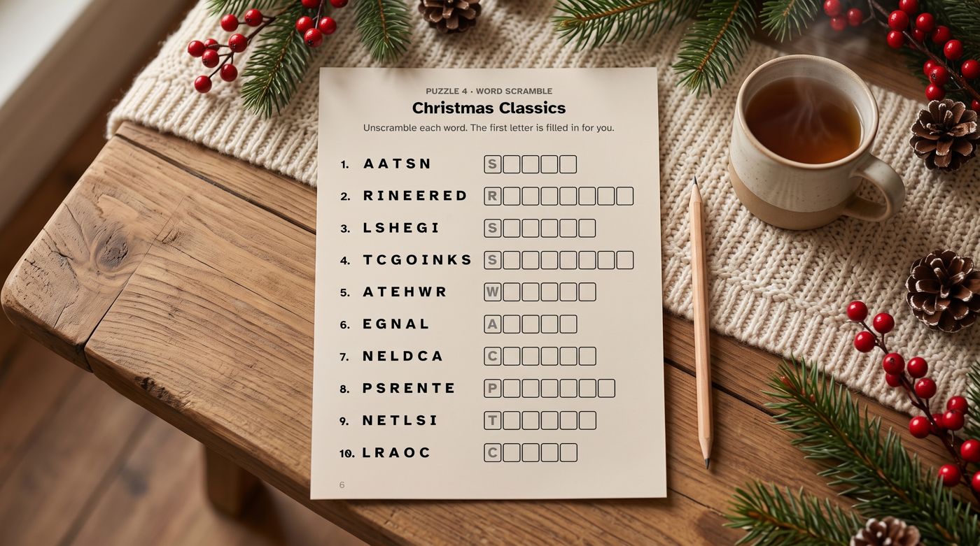 Show picture 6: A word scramble page with a cup of tea