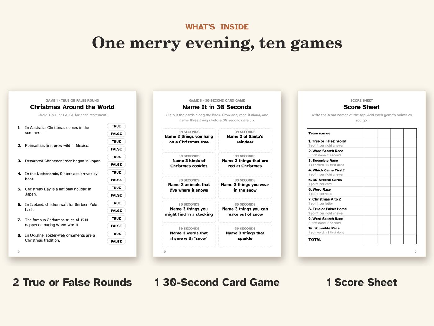 Show picture 2: Inside: true or false rounds, a 30-second card game and a score sheet
