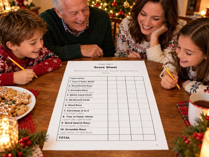 Grandparents and grandchildren keeping score together at the Christmas table