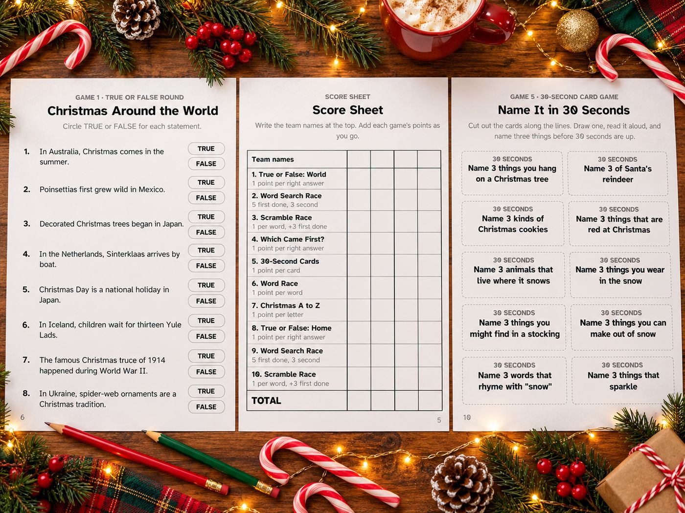 Show picture 5: Three game pages laid out on a table with candy canes