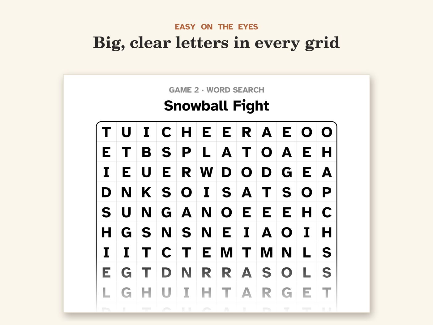 Show picture 6: Close-up of the Snowball Fight word search in big letters