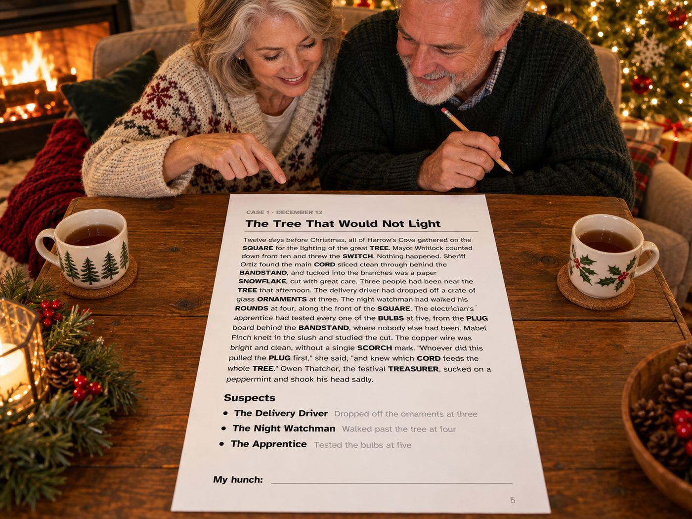 Show picture 2: An older couple solving a case together by the fire
