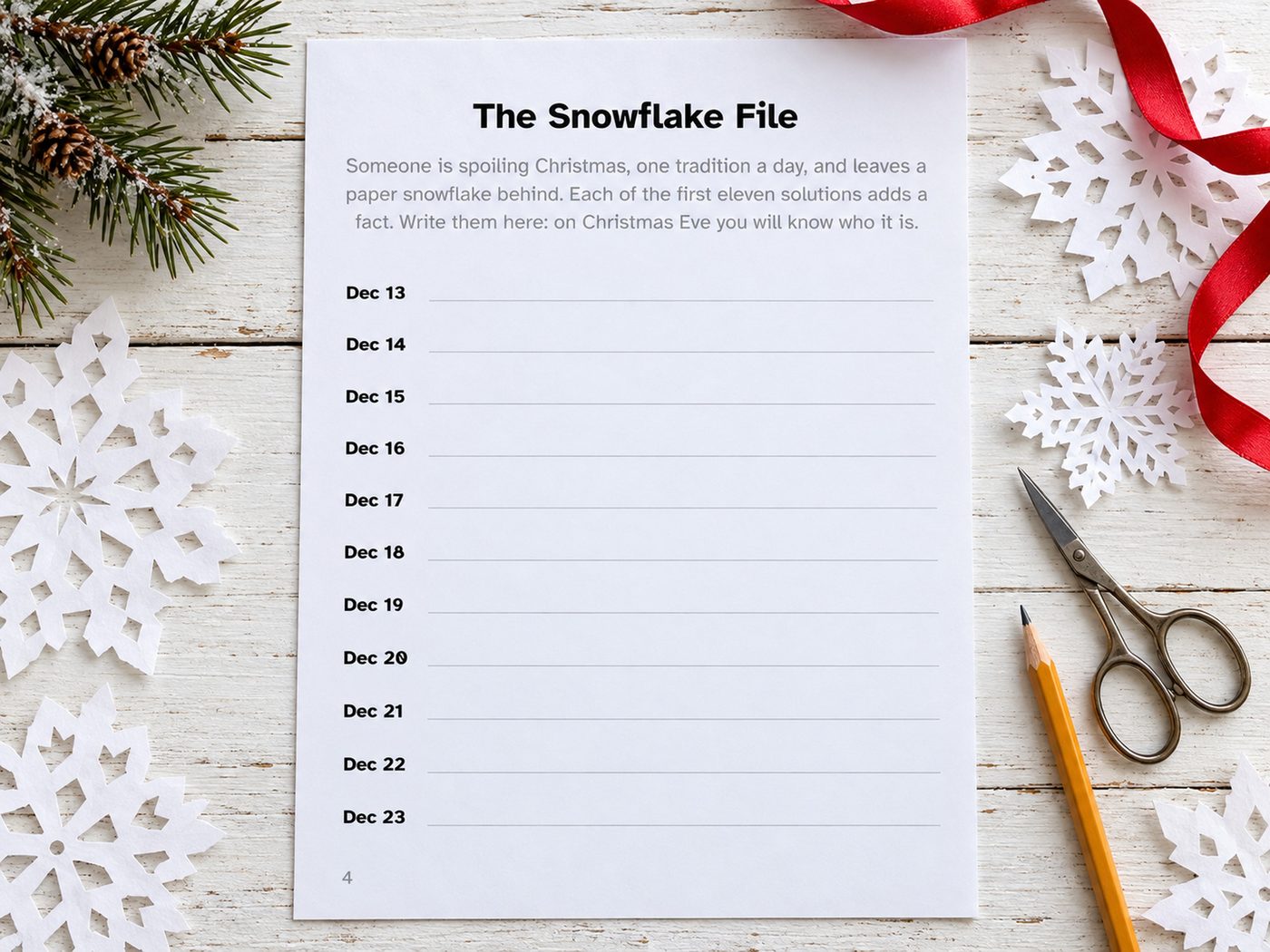 Show picture 4: The Snowflake File: one line for each day from December 13 to 23