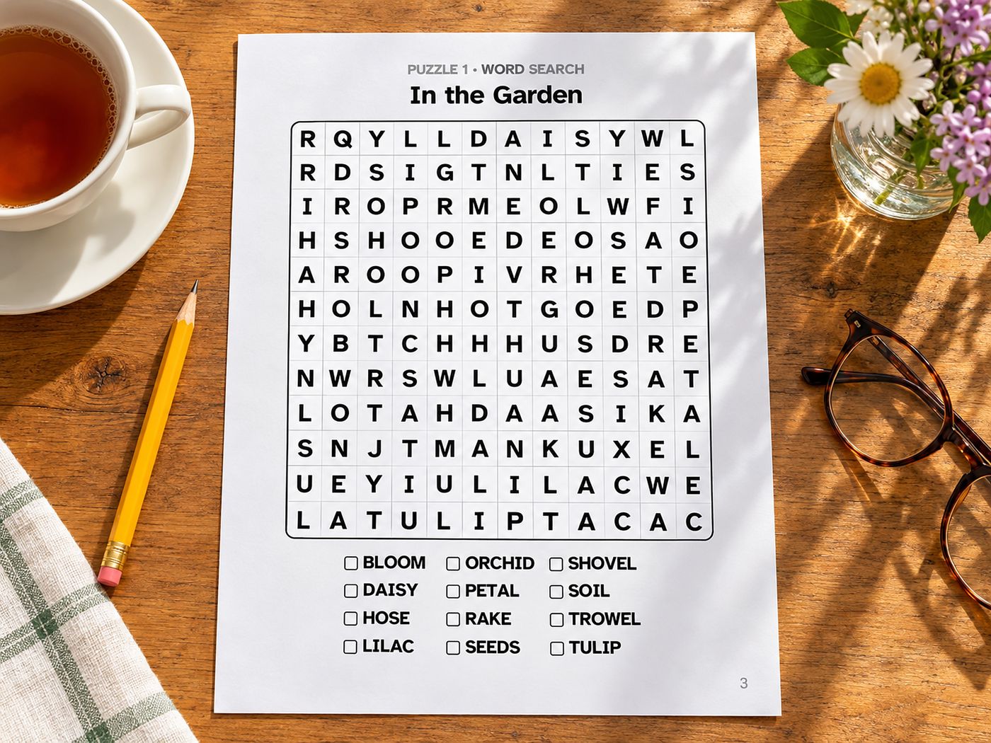 Show picture 2: In the Garden word search on a table with tea