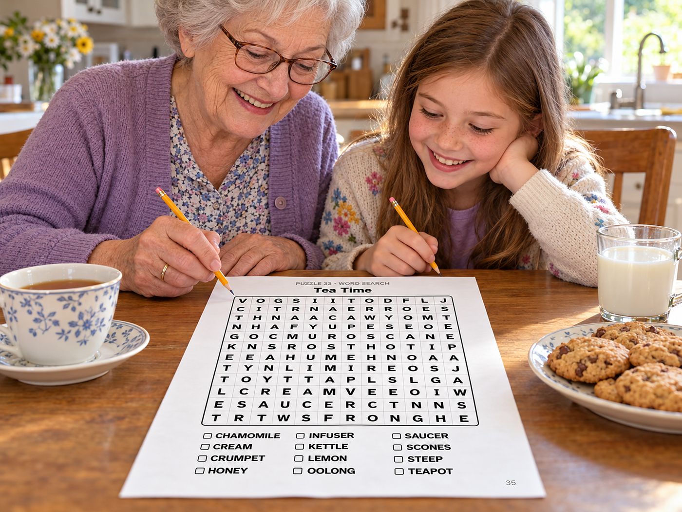 Show picture 3: A grandmother and granddaughter solving a puzzle over tea and cookies