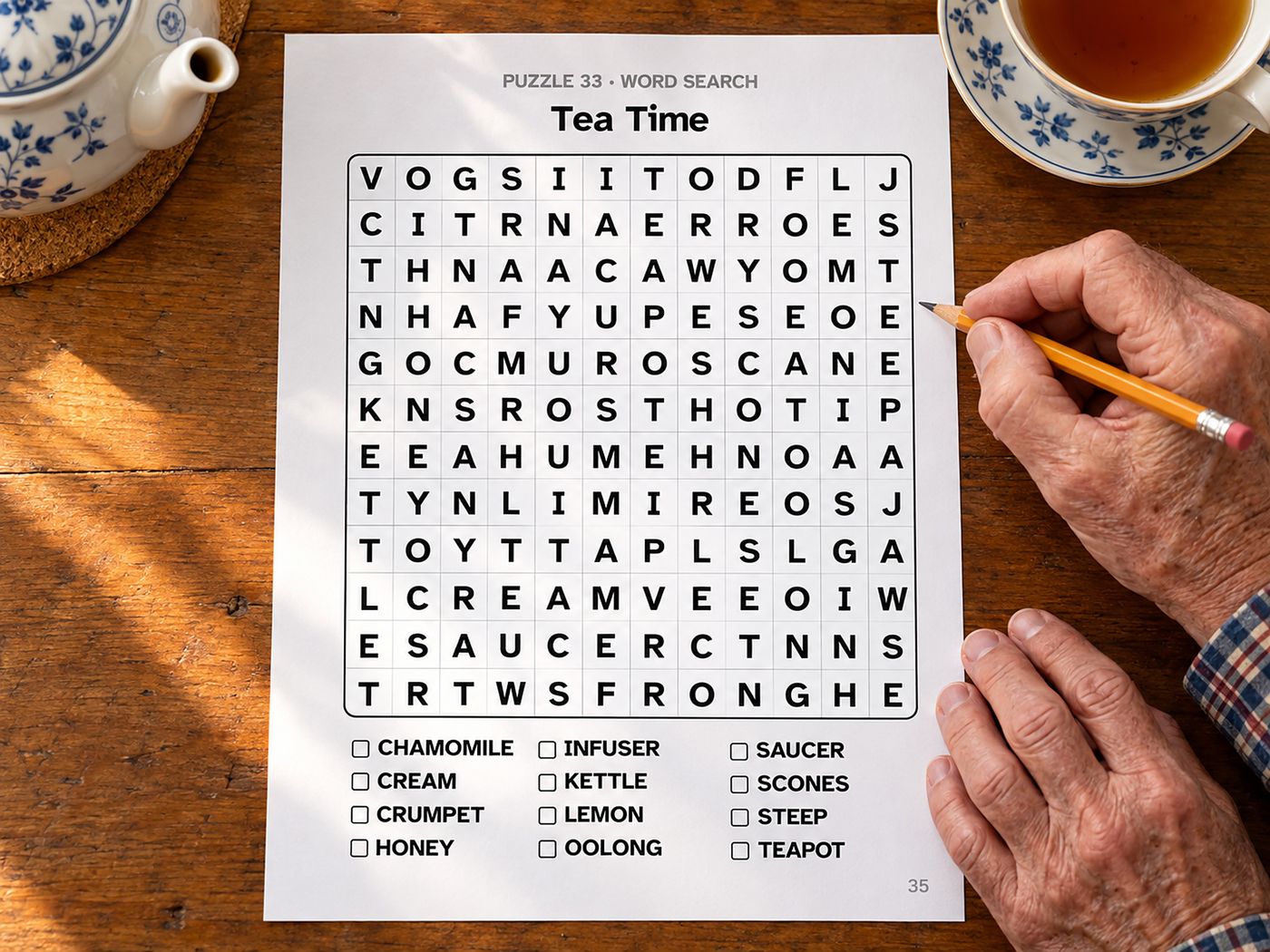 Show picture 5: A hand circling words in the Tea Time puzzle