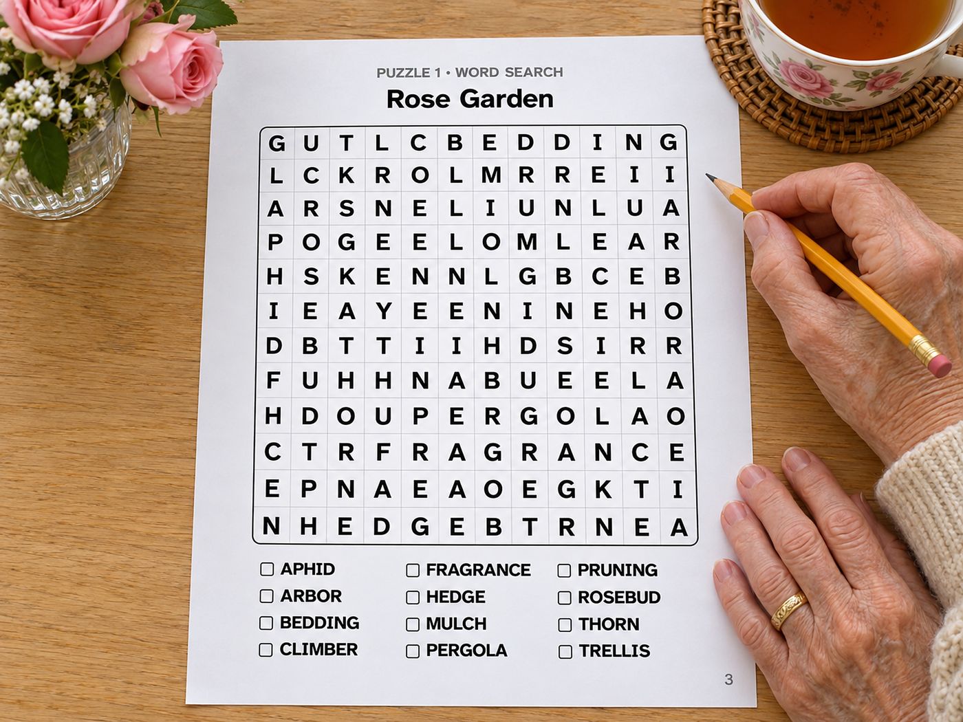 Show picture 4: A hand solving the Rose Garden puzzle next to a vase of roses