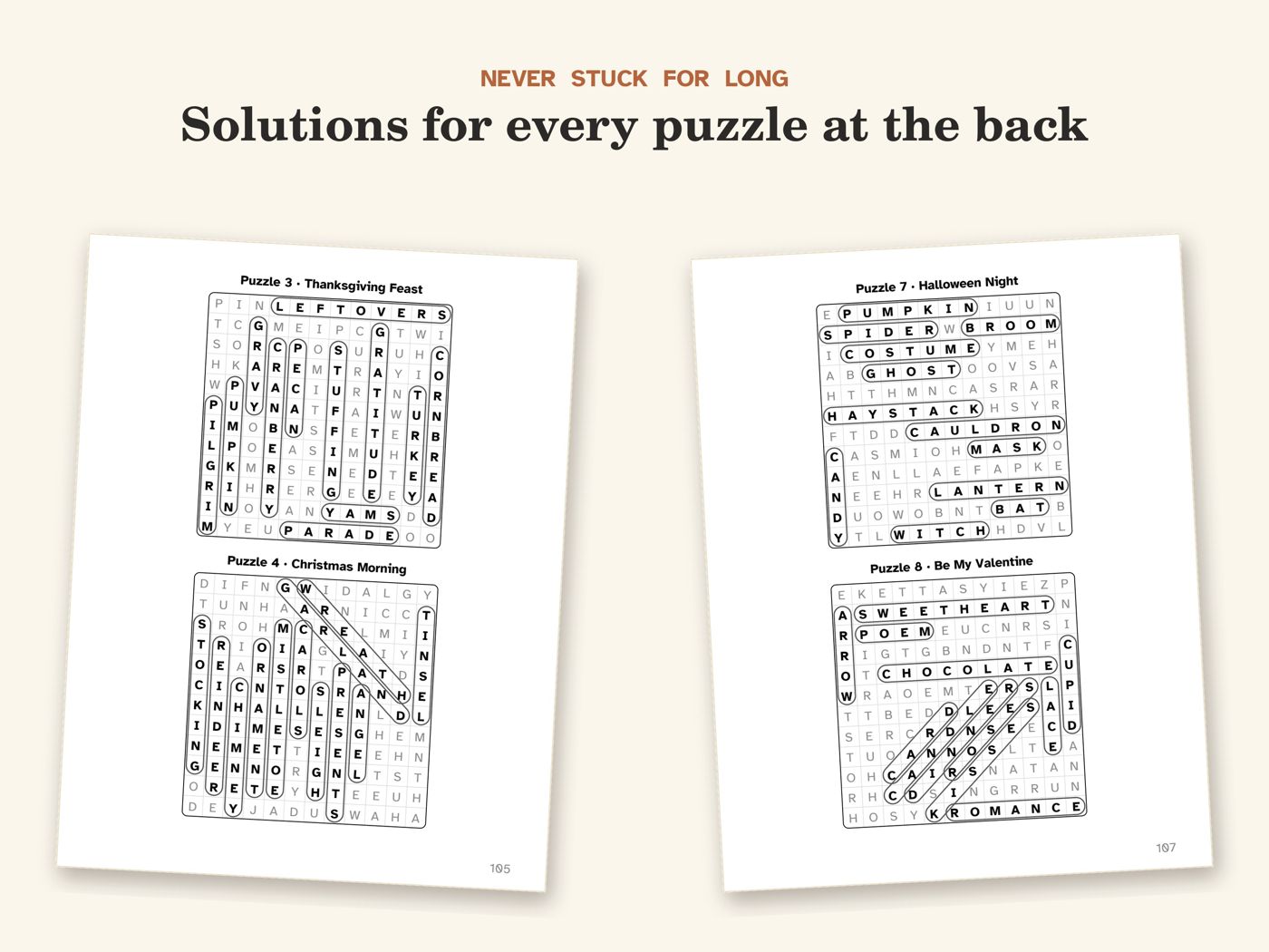 Show picture 6: Solutions for every puzzle at the back