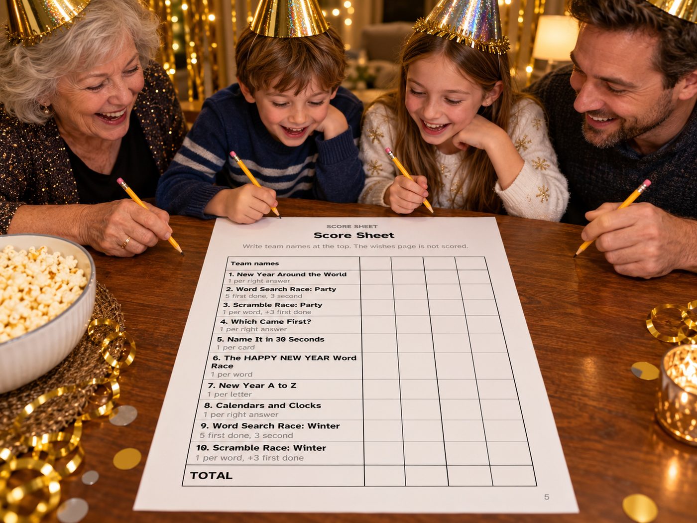 Show picture 2: A grandmother, a father and two children filling in the score sheet together