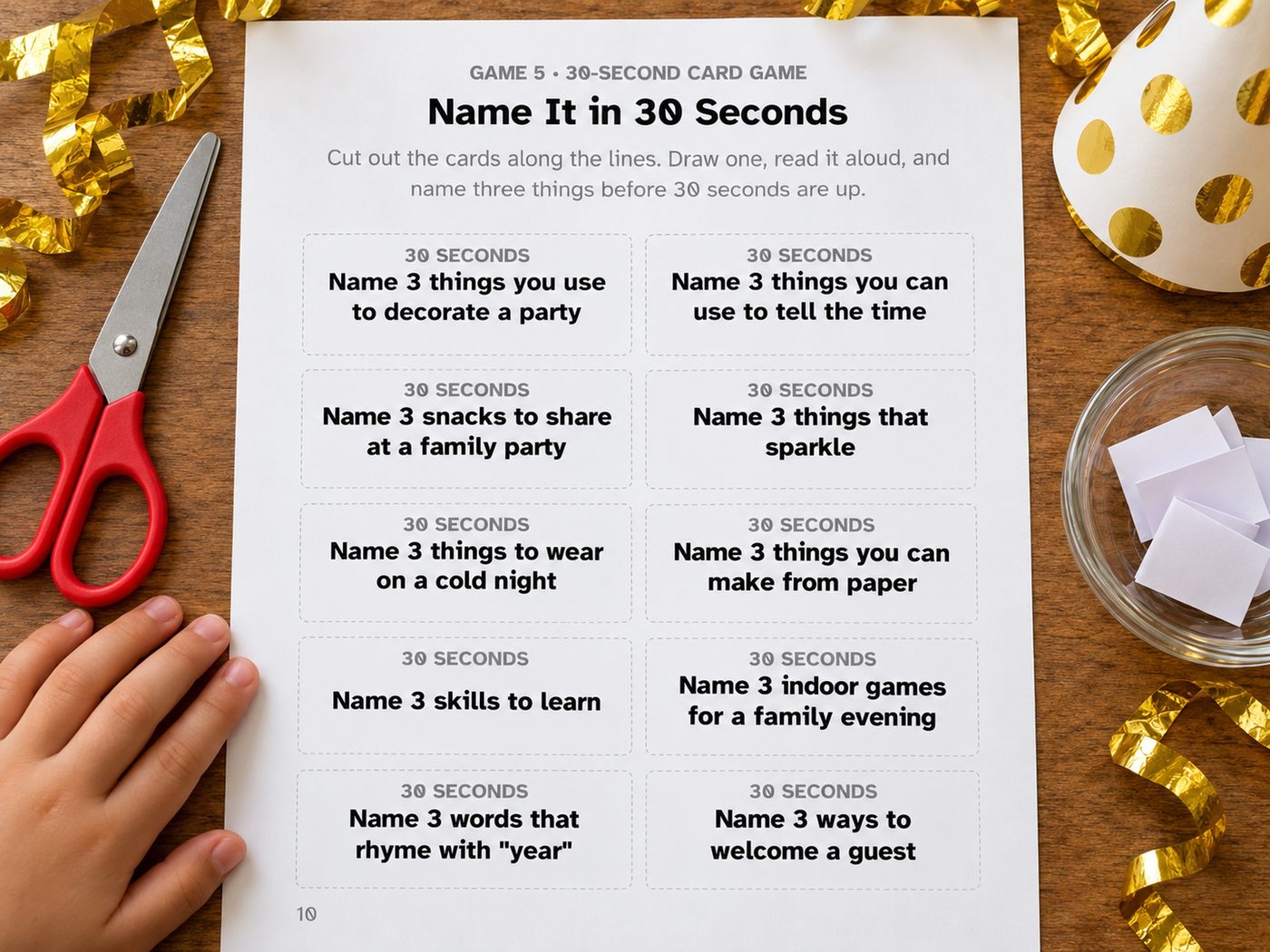 Show picture 3: Name It in 30 Seconds cards, ready to cut out with scissors