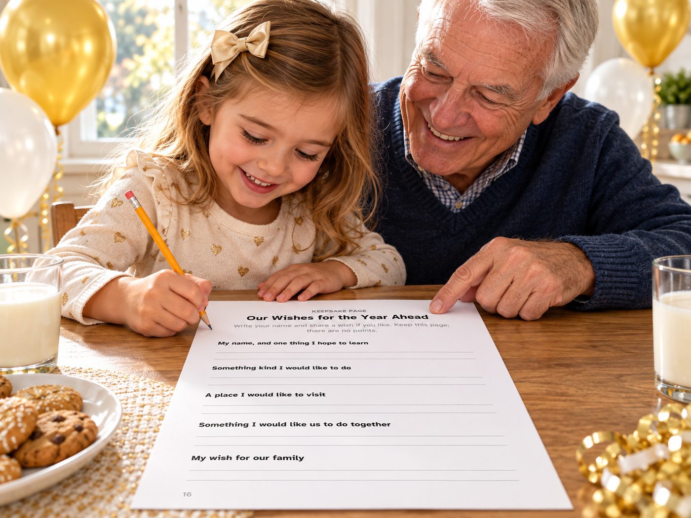 Show picture 4: A little girl and her grandfather writing on the keepsake wishes page