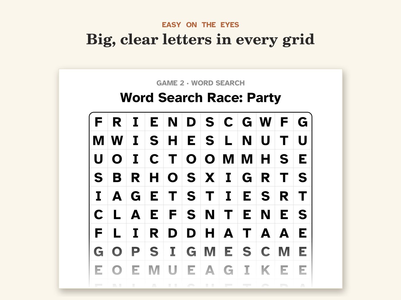 Show picture 6: Close-up of the Word Search Race: Party grid in big letters
