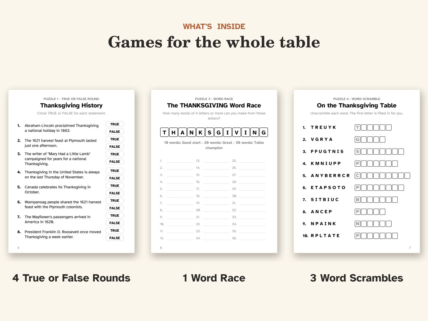 Show picture 2: Inside: true or false rounds, a word race and word scrambles