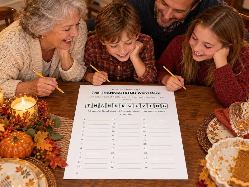 A family playing the THANKSGIVING word race together at the table