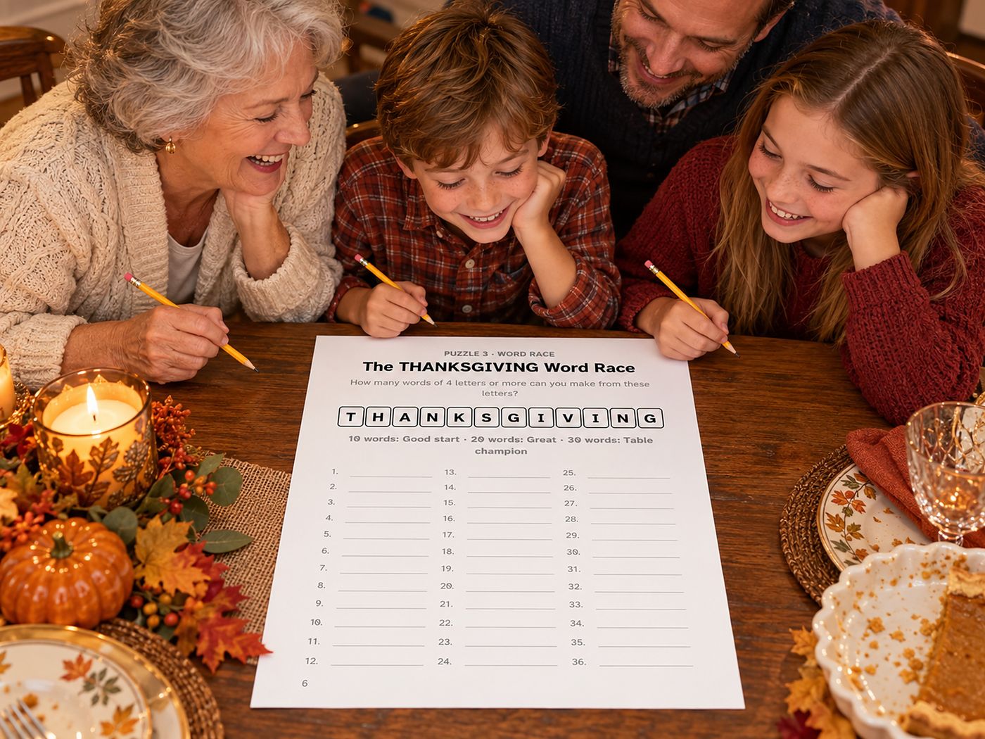 Show picture 3: A family playing the THANKSGIVING word race together at the table