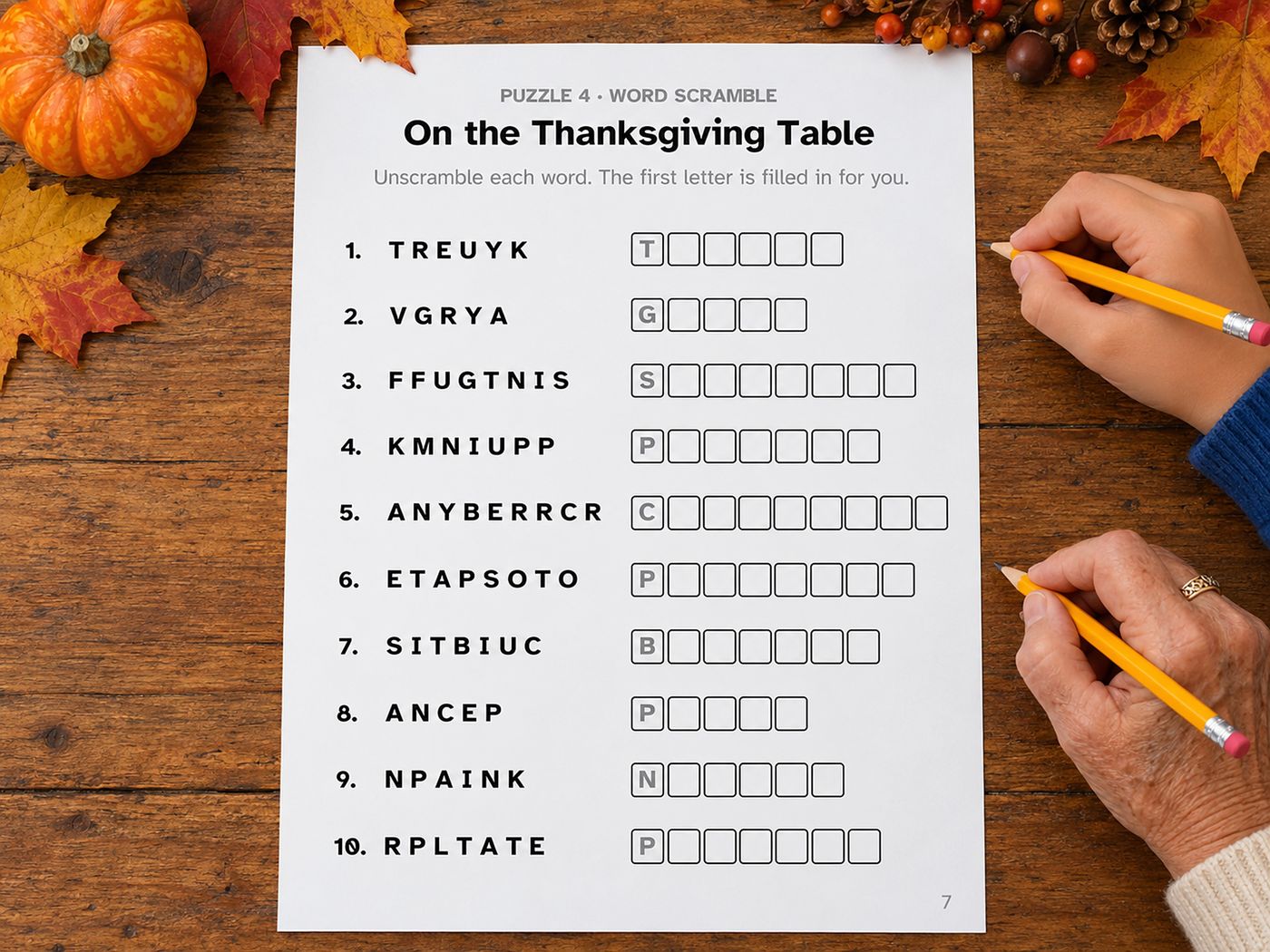 Show picture 4: Hands solving the On the Thanksgiving Table word scramble