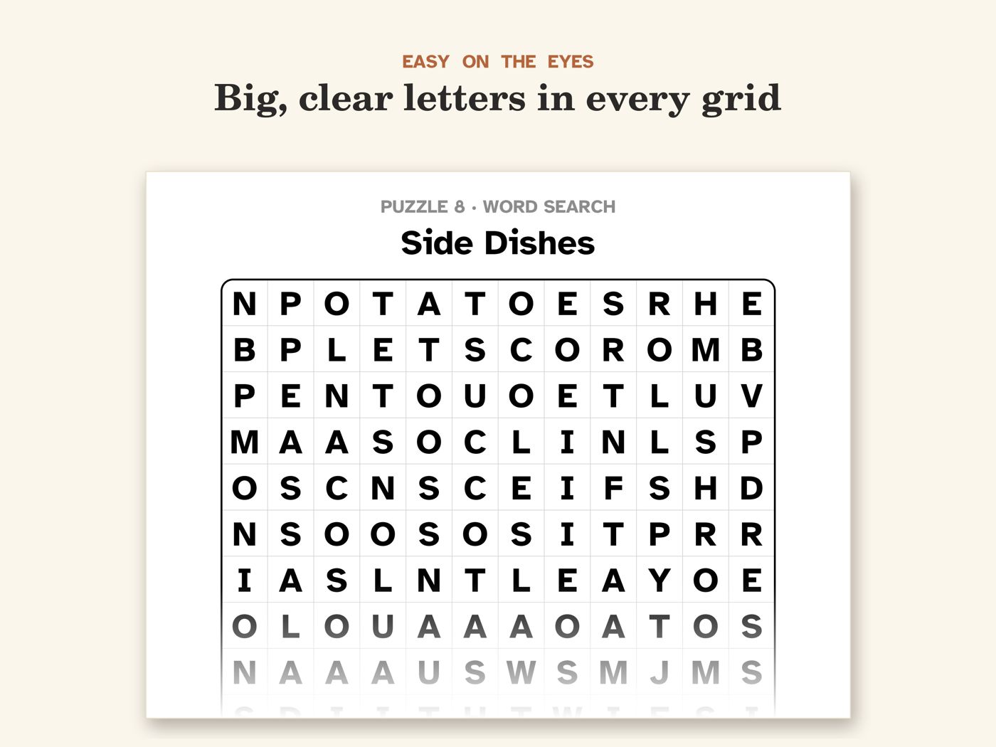 Show picture 6: Close-up of the Side Dishes word search in big letters
